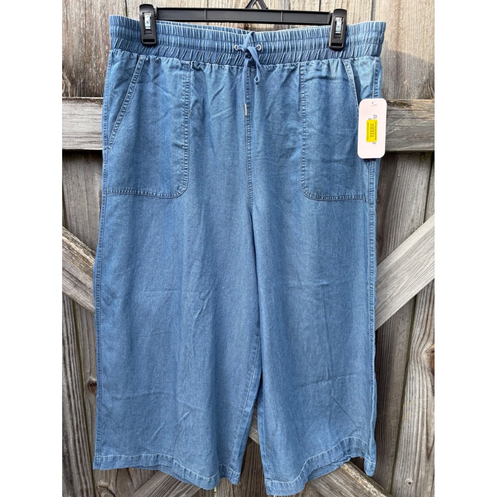 NWT Allison Daley Women Blue Lyocell Chambray Wide Leg Crop Pant Large SS1PA814I